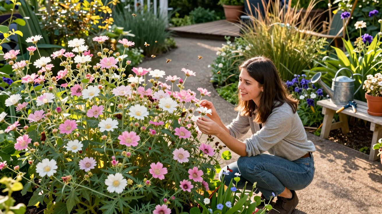 Mulher cuidando de flores rosas e brancas em um jardim ensolarado durante o dia.