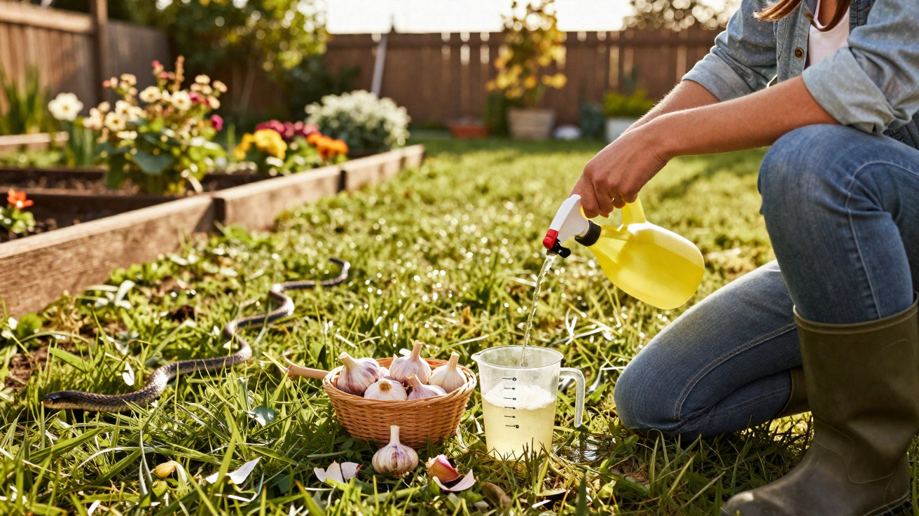 Pessoa regando plantas em jardim com borrifador amarelo ao lado de cesta com alho e regador.