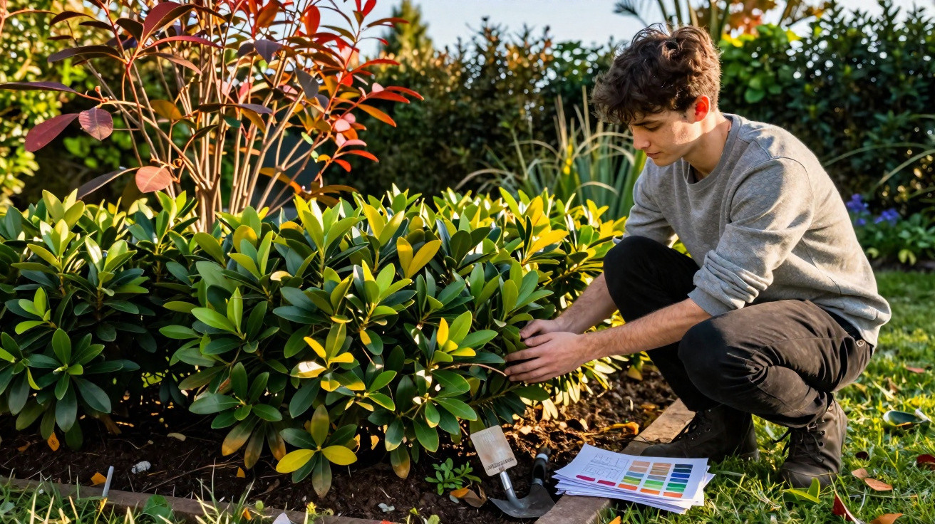 Jovem cuidando de arbusto em jardim com material de pintura colorida no chão ao lado.
