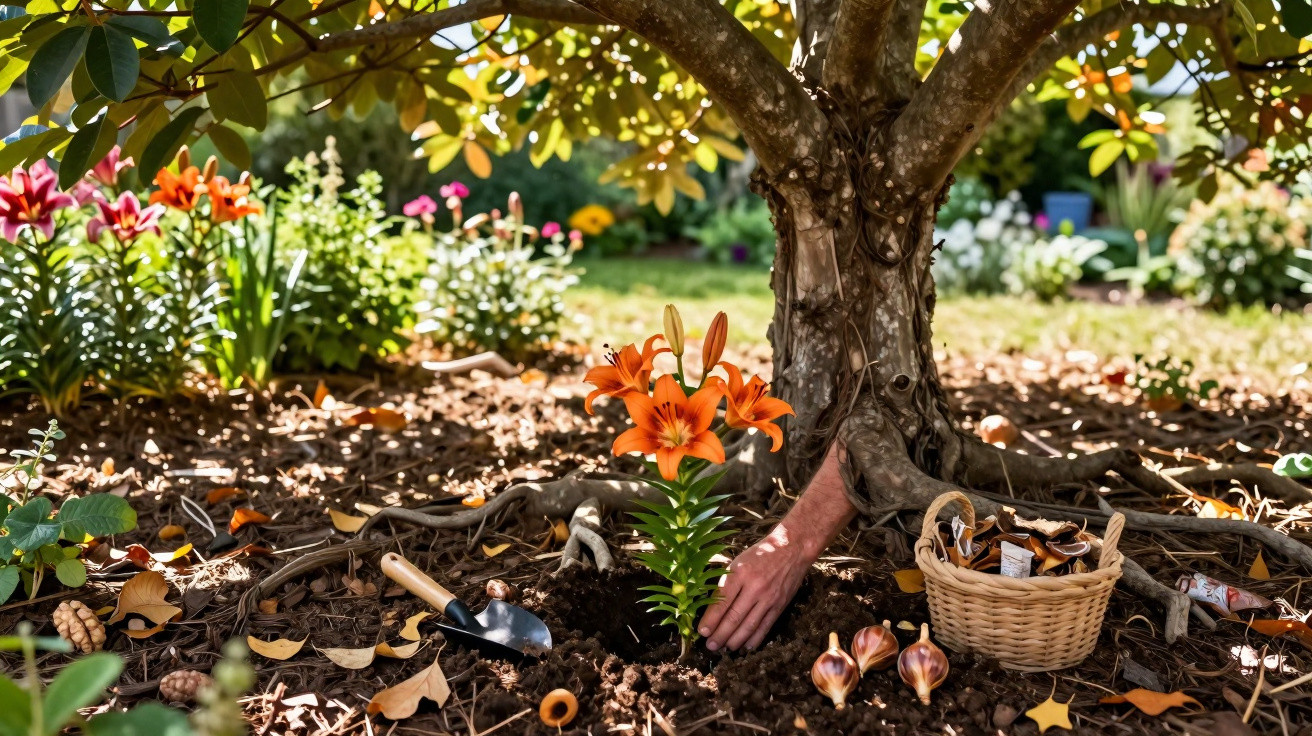 Pessoa plantando lírio laranja ao pé de árvore em jardim com flores e cesta de bulbos.