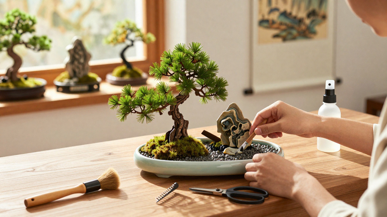 Pessoa cuidando de um bonsai em vaso com ferramentas sobre a mesa em ambiente iluminado.
