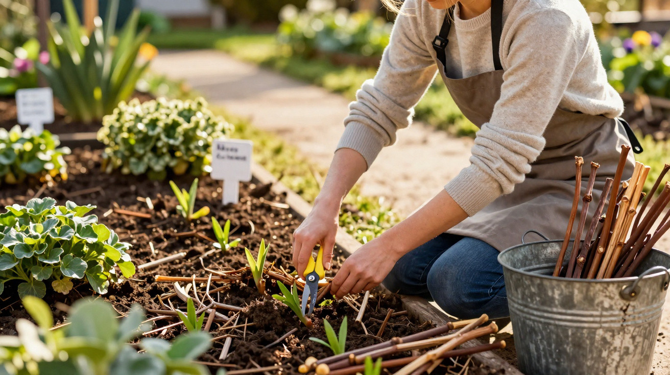Pessoa podando plantas jovens em canteiro de jardim com tesoura de poda e regador ao lado.