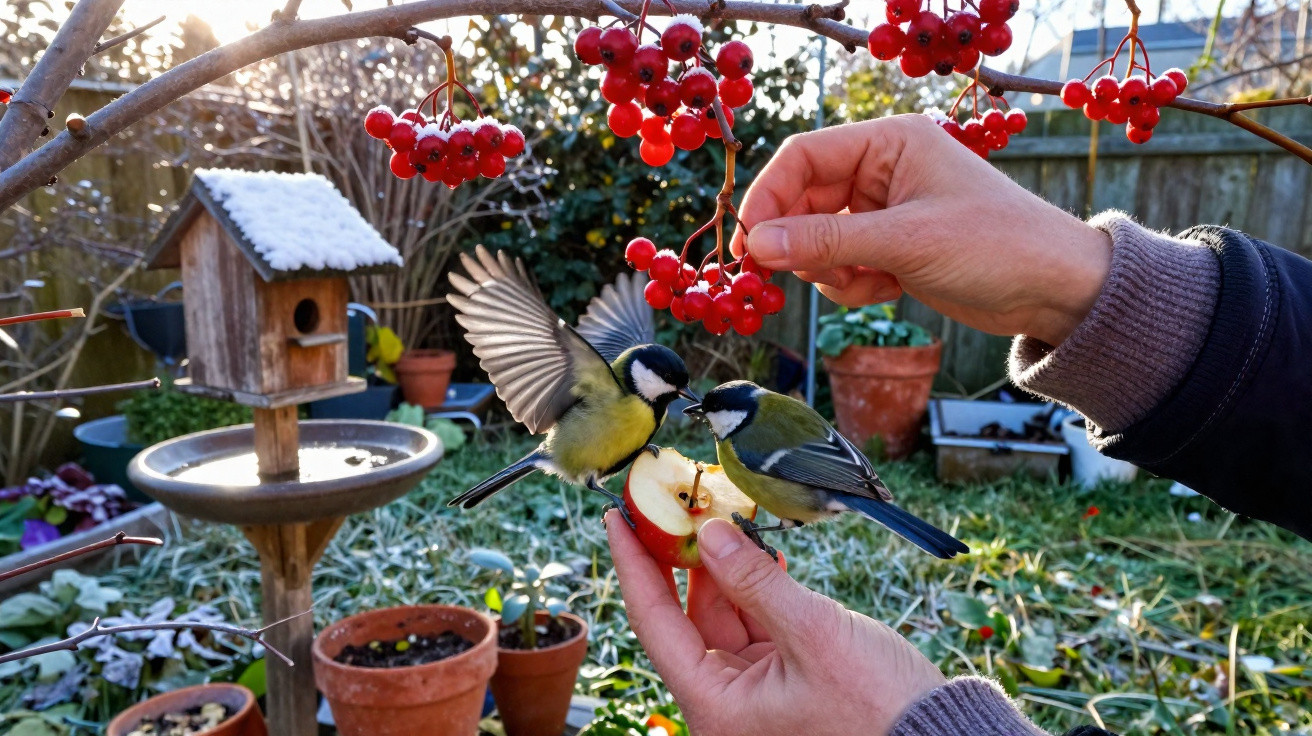 Mãos seguram maçã e galho com frutas vermelhas enquanto dois pássaros alimentam-se em jardim ensolarado.