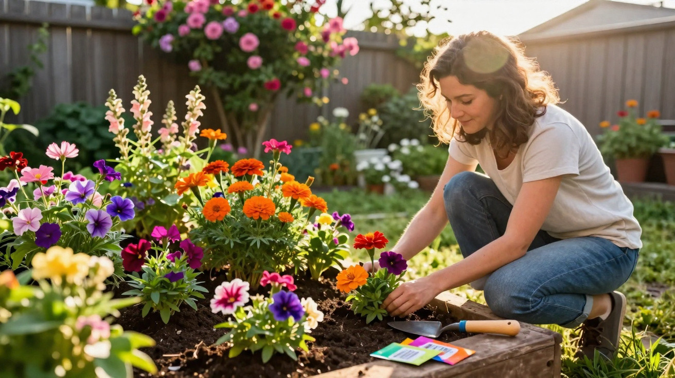 Mulher cuidando de flores coloridas em canteiro elevado em jardim ensolarado.