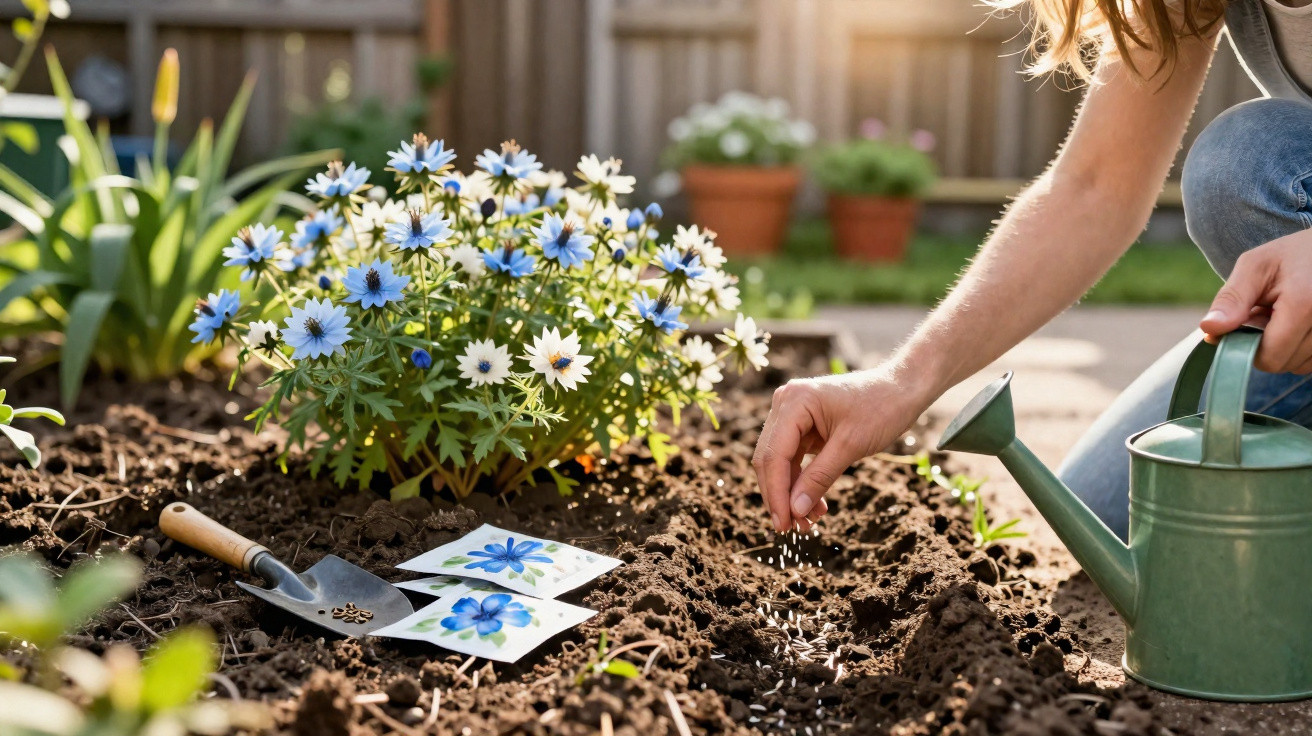 Pessoa plantando sementes em solo de jardim ao lado de flores azuis e regador verde.
