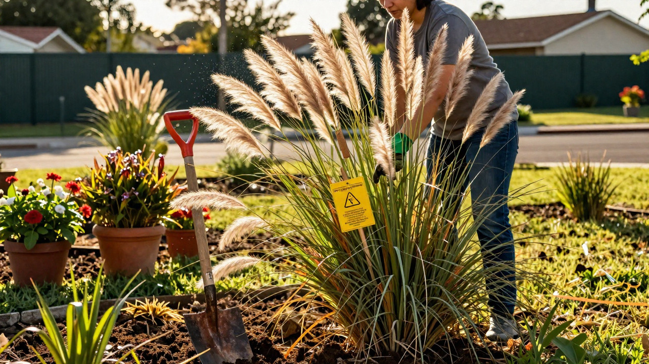 Pessoa cuidando de jardim com plantas em vasos e flores, com pá cravada no solo ao lado.