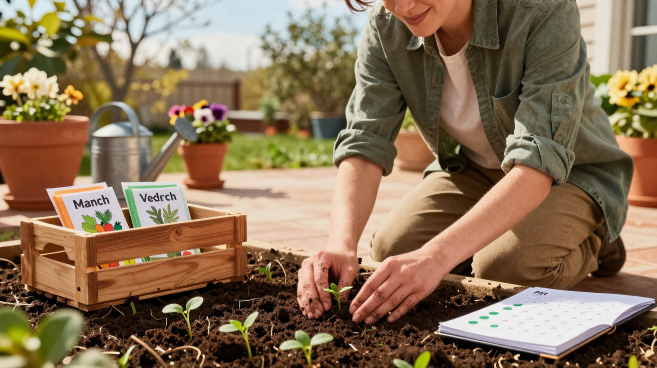 Pessoa plantando mudas em canteiro com cartão de sementes, regador e caderno ao lado em jardim.