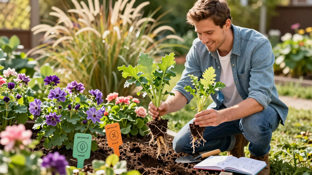 Homem sorridente plantando mudas de hortaliças em jardim com flores coloridas ao redor.