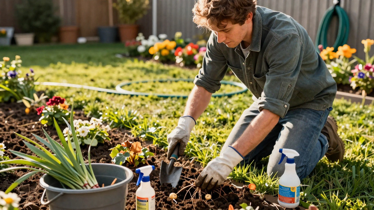 Homem ajoelhado jardinando com luvas, plantando flores coloridas em solo fértil no jardim ensolarado.