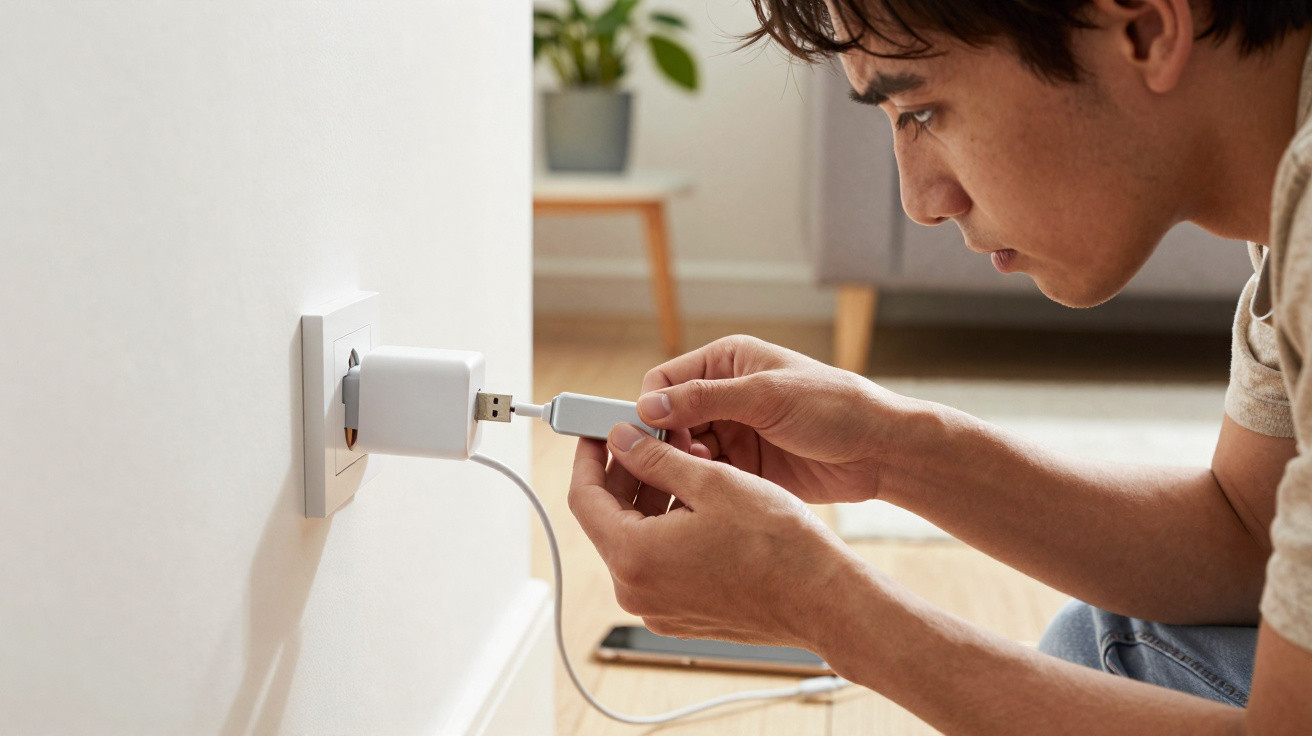 Homem conectando pendrive em carregador USB fixado na tomada na parede em ambiente doméstico.