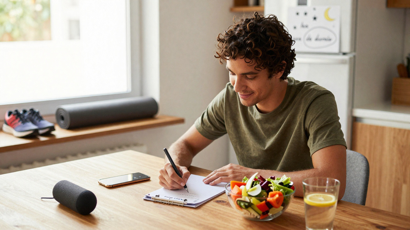 Jovem sentado à mesa escrevendo em caderno, com salada e copo de água com limão à frente.
