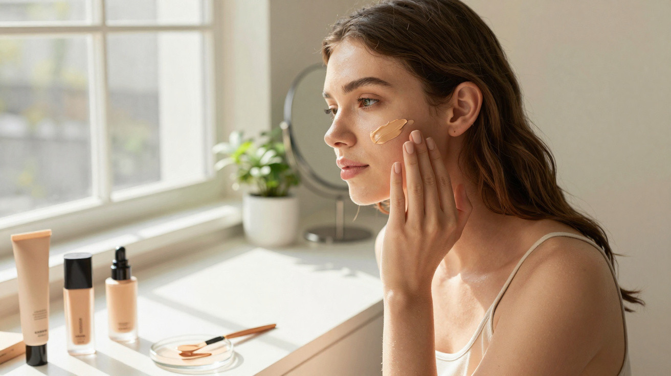 Mulher aplicando base facial em ambiente iluminado, com produtos de maquiagem sobre a bancada perto da janela.
