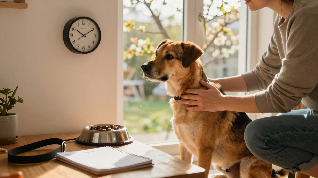 Pessoa acariciando cachorro ao lado de prato de comida, coleira e caderno em mesa perto de janela.