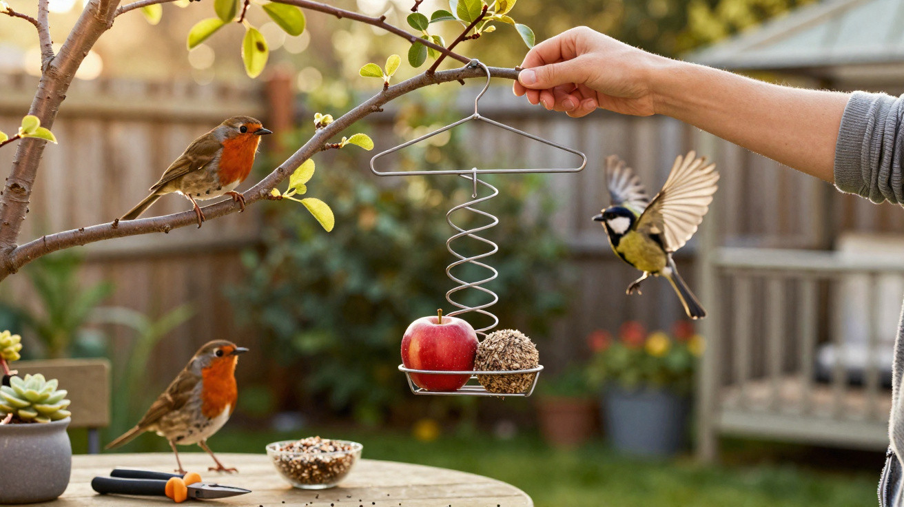 Mãos seguram comedouro para pássaros com maçã e bolinha de sementes, cerca, duas aves pousadas e uma voando.