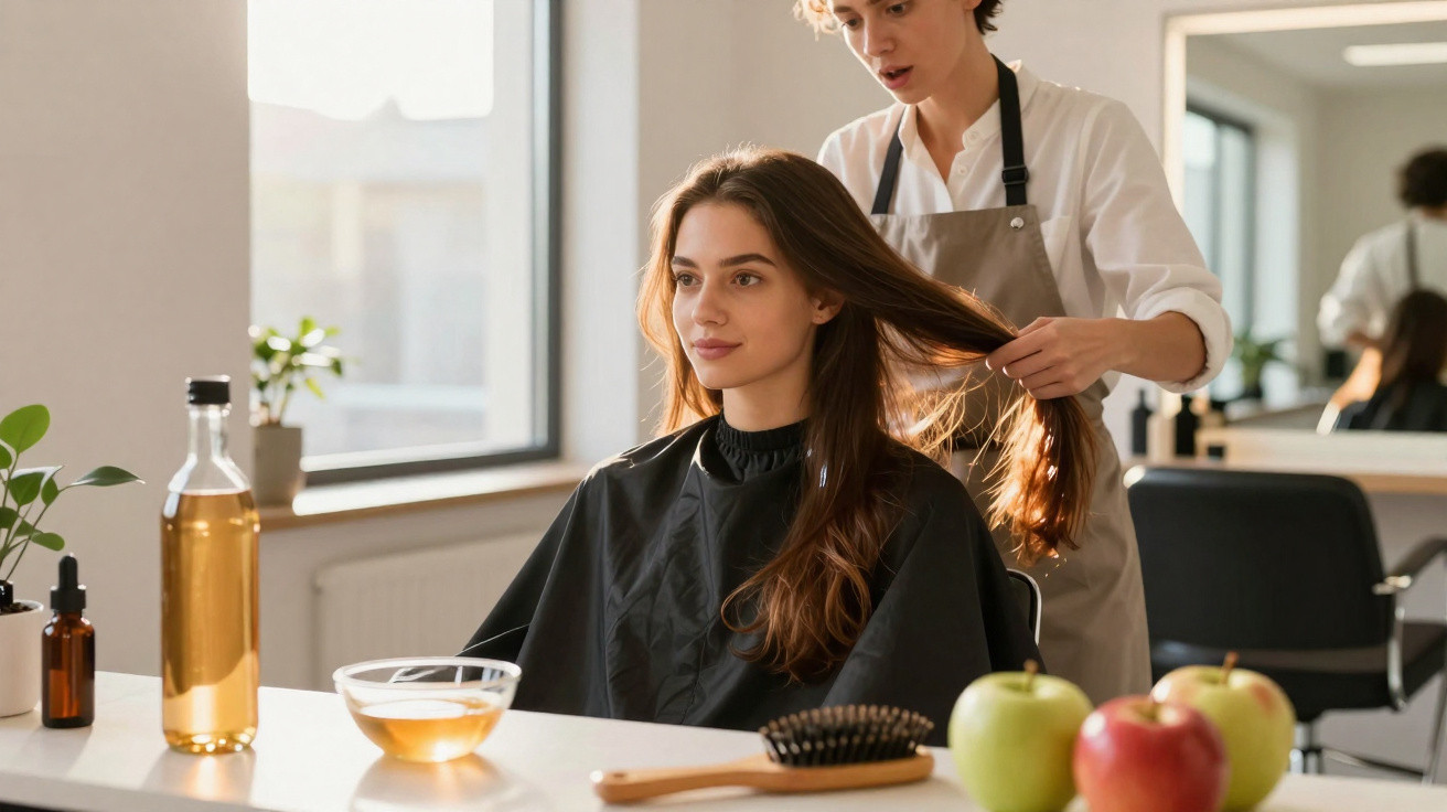 Cliente com capa preta sentada em salão de beleza enquanto cabeleireira penteia seu cabelo comprido.