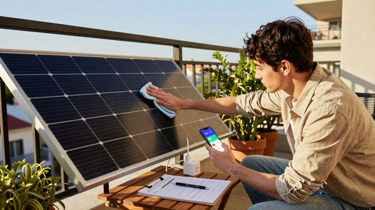 Homem limpando painel solar com pano enquanto segura celular em varanda ensolarada.