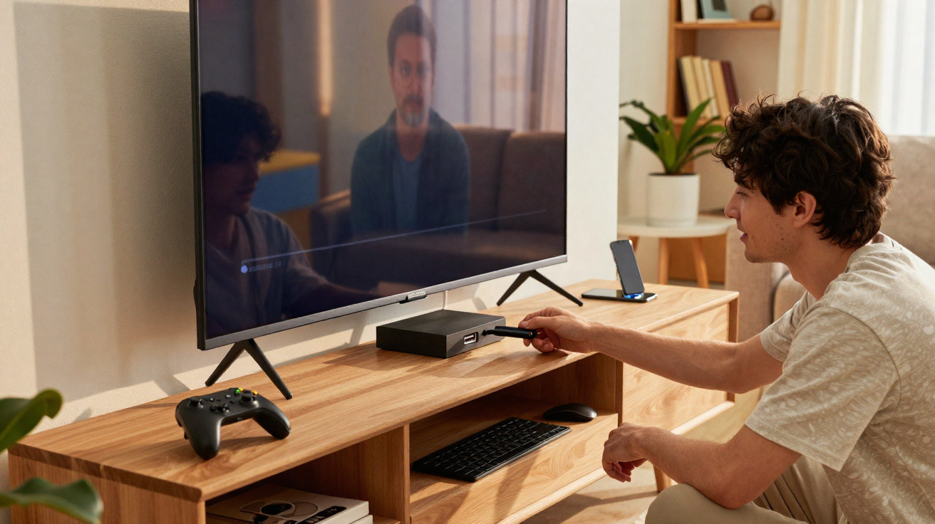Jovem sentado conecta controle de videogame em console à TV em móvel de madeira na sala.