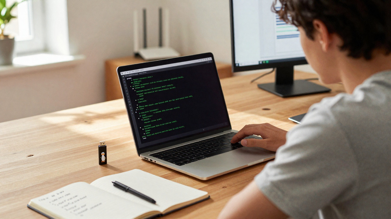 Pessoa programando em notebook, mesa com notebook, caderno aberto, caneta e pendrive, ambiente claro.