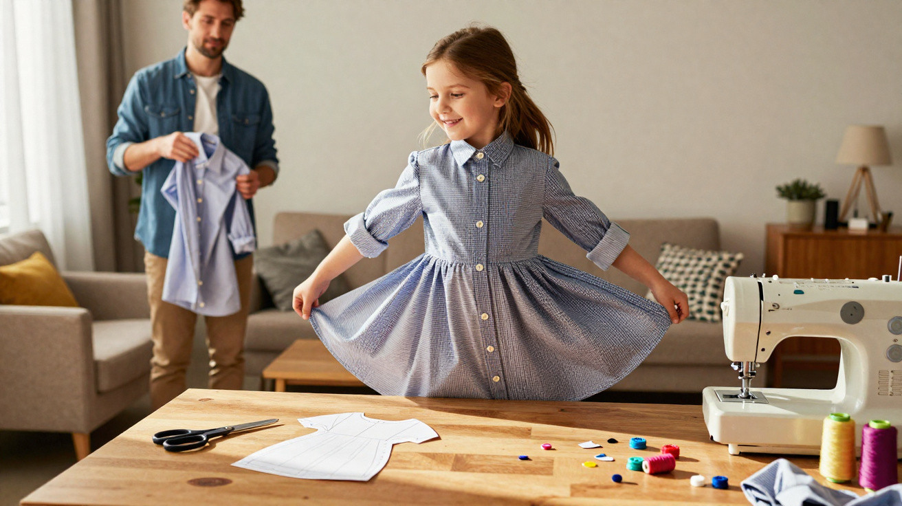 Menina feliz experimenta vestido feito à mão enquanto homem prepara roupa em sala de estar com máquina de costura.