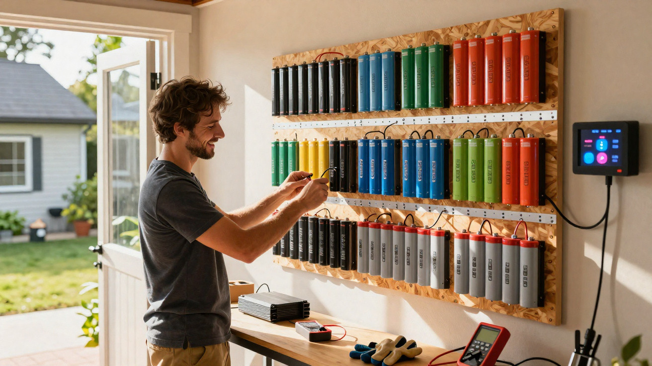 Homem ajusta conexões em bateria modular colorida montada na parede de oficina iluminada.