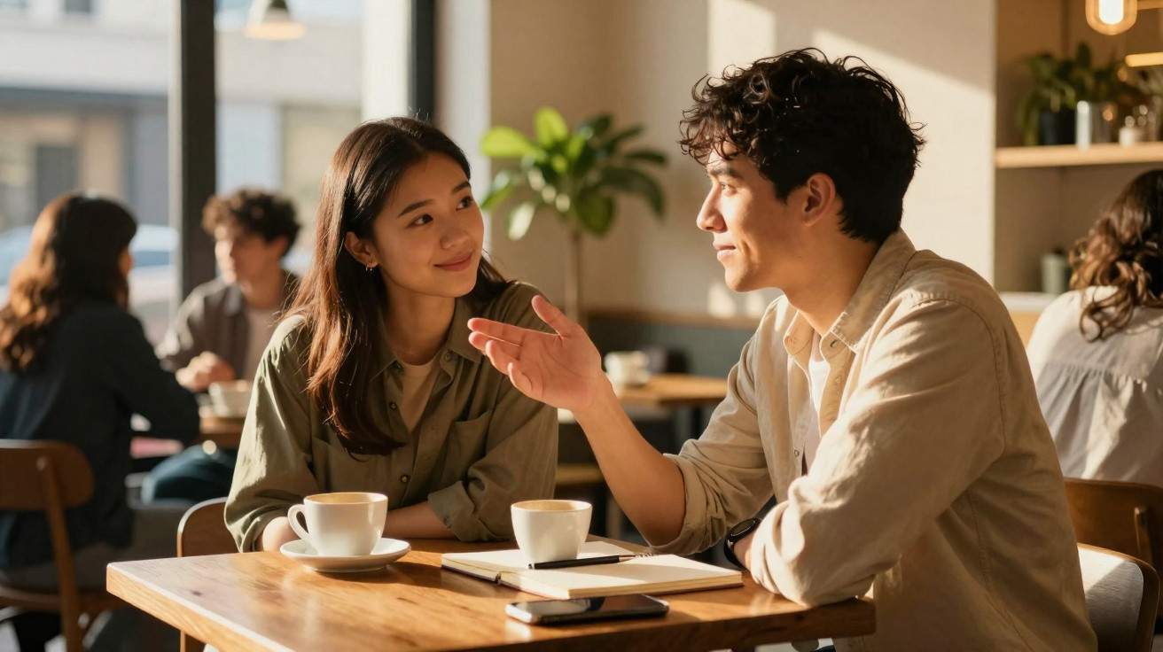 Casal jovem conversando em café, com xícaras e caderno na mesa de madeira.