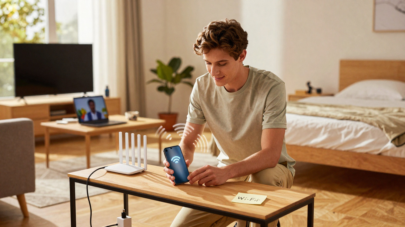 Jovem conecta smartphone ao sinal de Wi-Fi transmitido por roteador em sala com móveis de madeira.