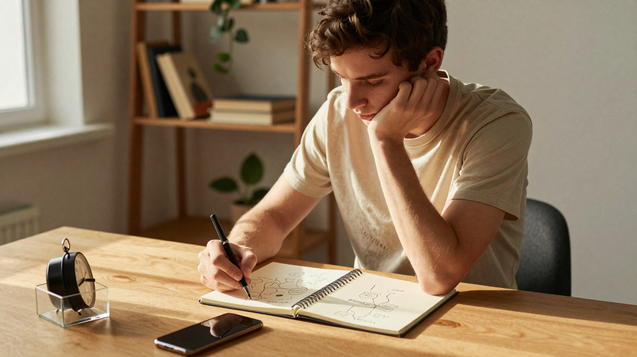 Jovem desenhando plantas em caderno enquanto está sentado à mesa com celular e relógio ao lado.