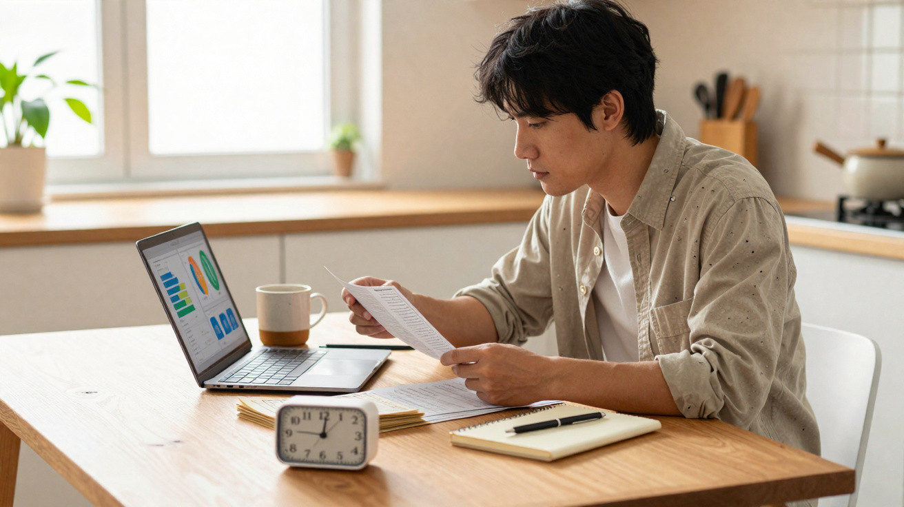 Homem jovem analisando documentos sentado à mesa de madeira com laptop, relógio e caderno em ambiente iluminado.