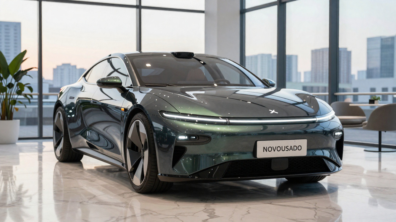 Carro elétrico preto futurista em showroom com janelas grandes e piso branco brilhante.