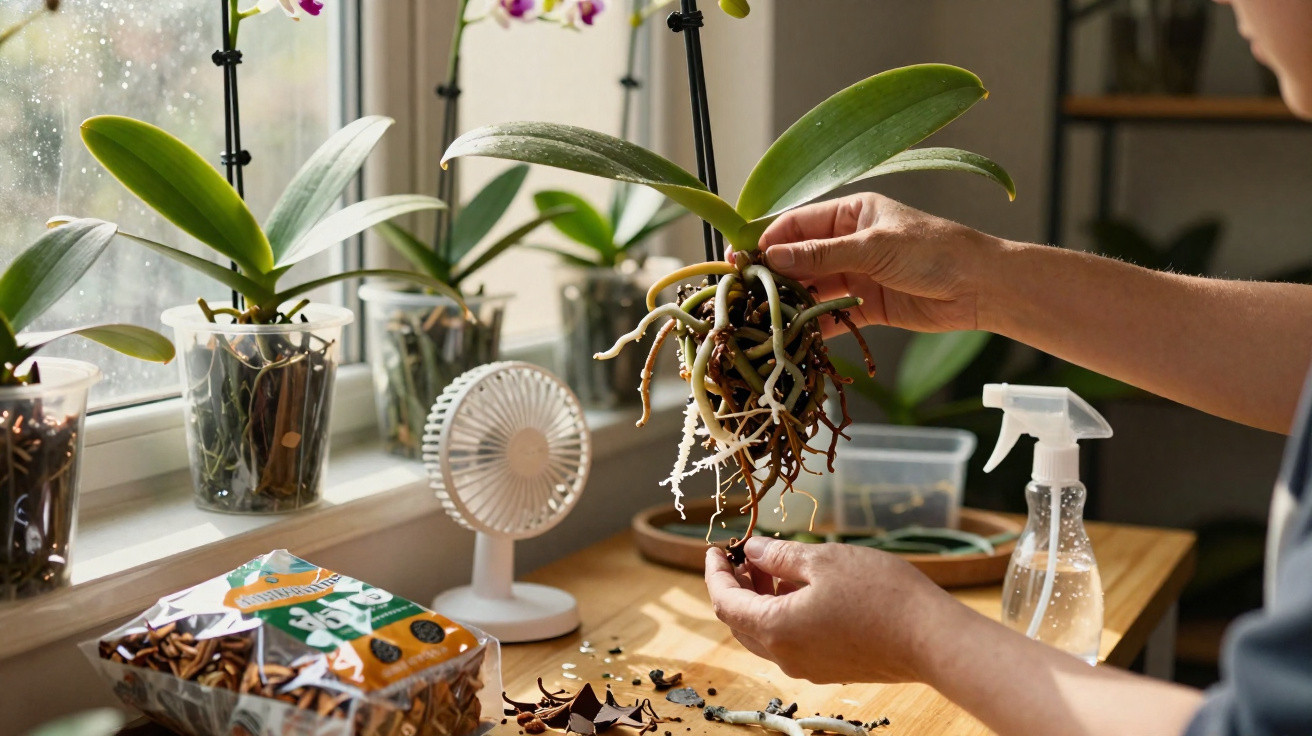 Pessoa cuidando de orquídea sem vaso em ambiente interno com várias plantas e utensílios de jardinagem.