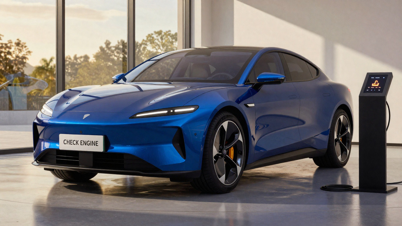 Carro elétrico azul moderno estacionado próximo a carregador em ambiente interno com grandes janelas.