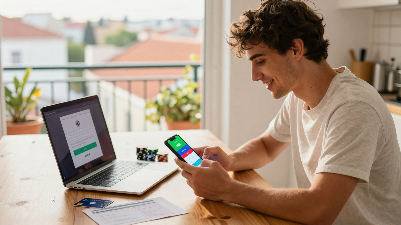 Jovem sorridente usando smartphone e laptop em mesa com cartão de crédito e fichas.