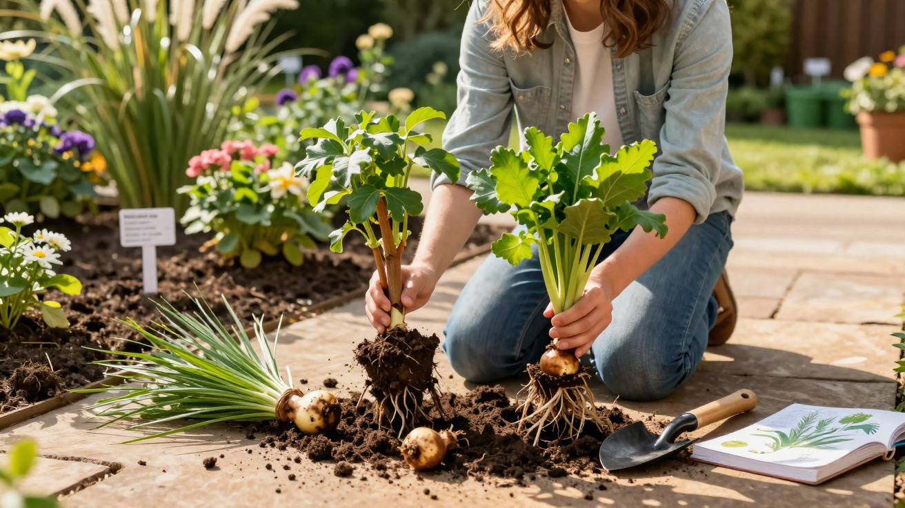 Pessoa plantando bulbos de flores em canteiro de jardim com pá e livro aberto ao lado.
