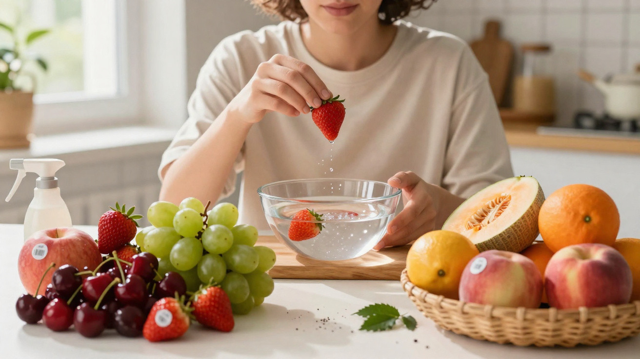 Pessoa segurando morango, imergindo em tigela com água cercada de frutas variadas em cozinha.