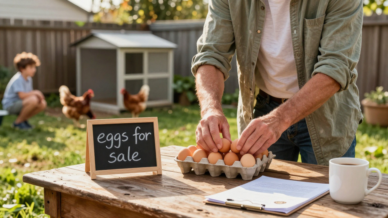 Pessoa organizando ovos em caixa para venda ao lado de quadro com texto "eggs for sale" em quintal.