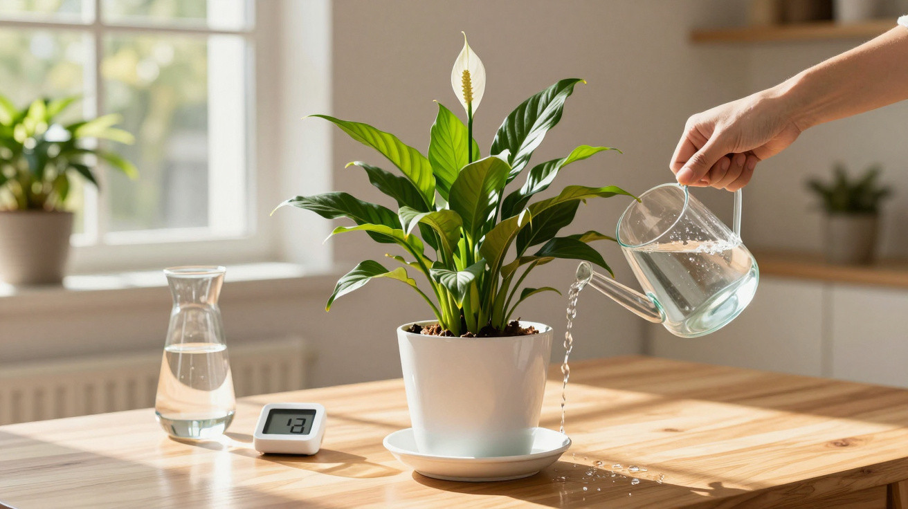 Pessoa regando planta com flores branca em vaso branco sobre mesa de madeira clara.