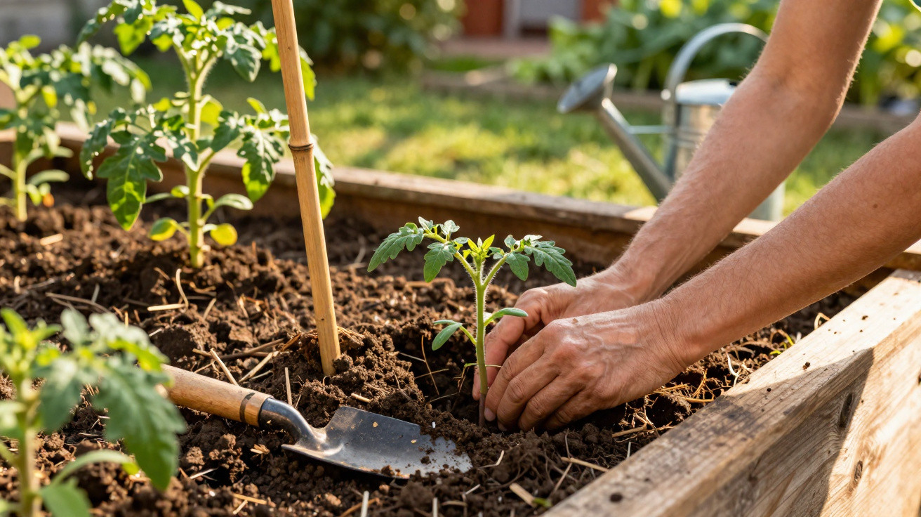 Mãos plantando muda de tomate em canteiro de madeira com ferramenta de jardinagem e regador ao fundo.