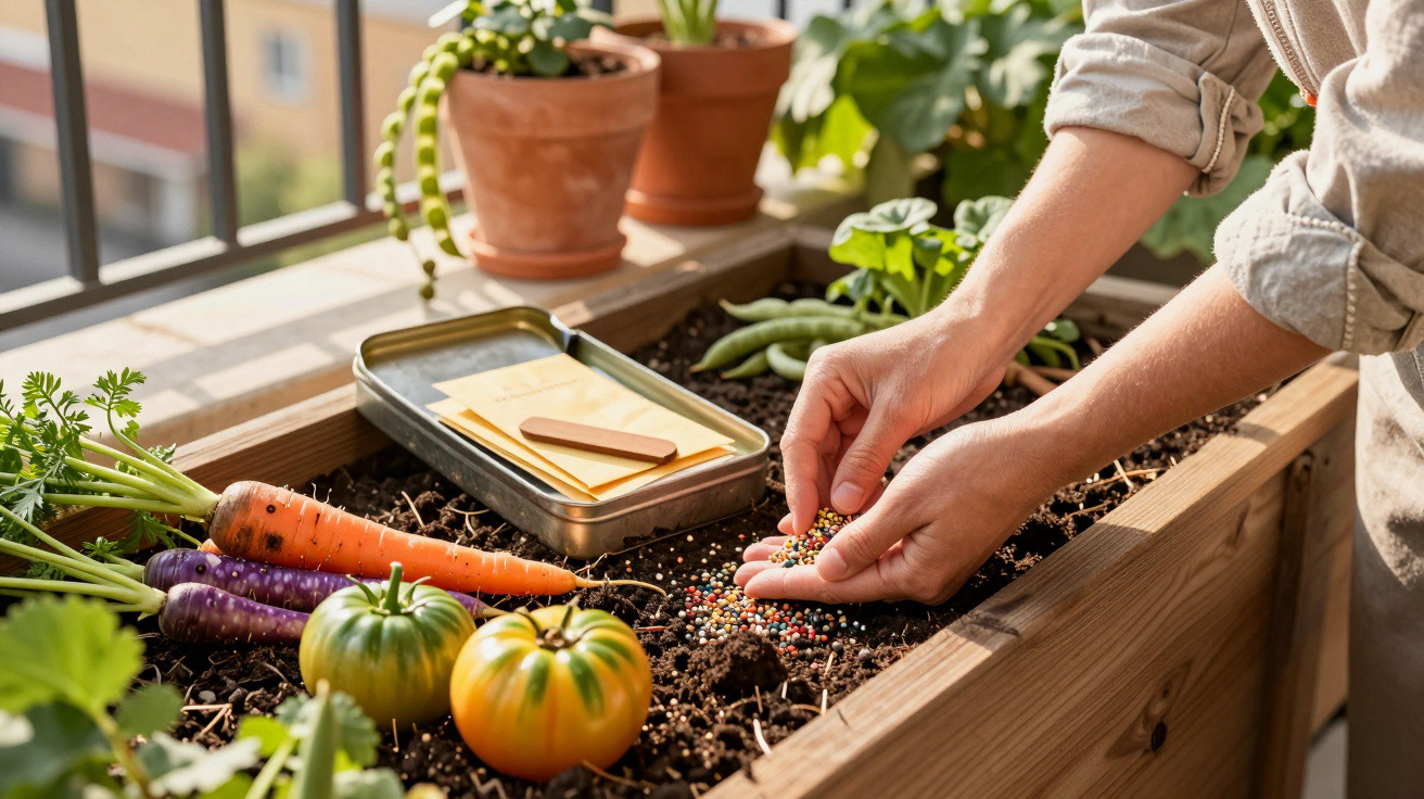 Pessoa plantando sementes coloridas em canteiro de madeira com legumes e plantas ao redor.