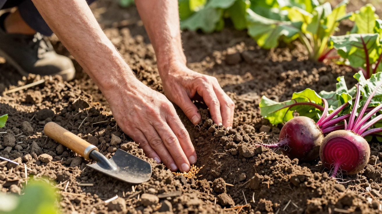 Mãos plantando sementes na terra de uma horta, com beterrabas e pequena pá ao lado.