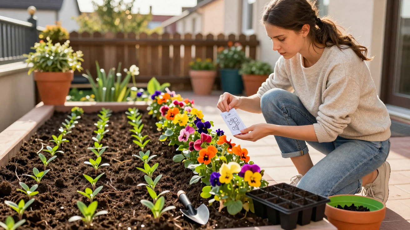 Mulher plantando flores coloridas em canteiro no jardim ensolarado de casa.