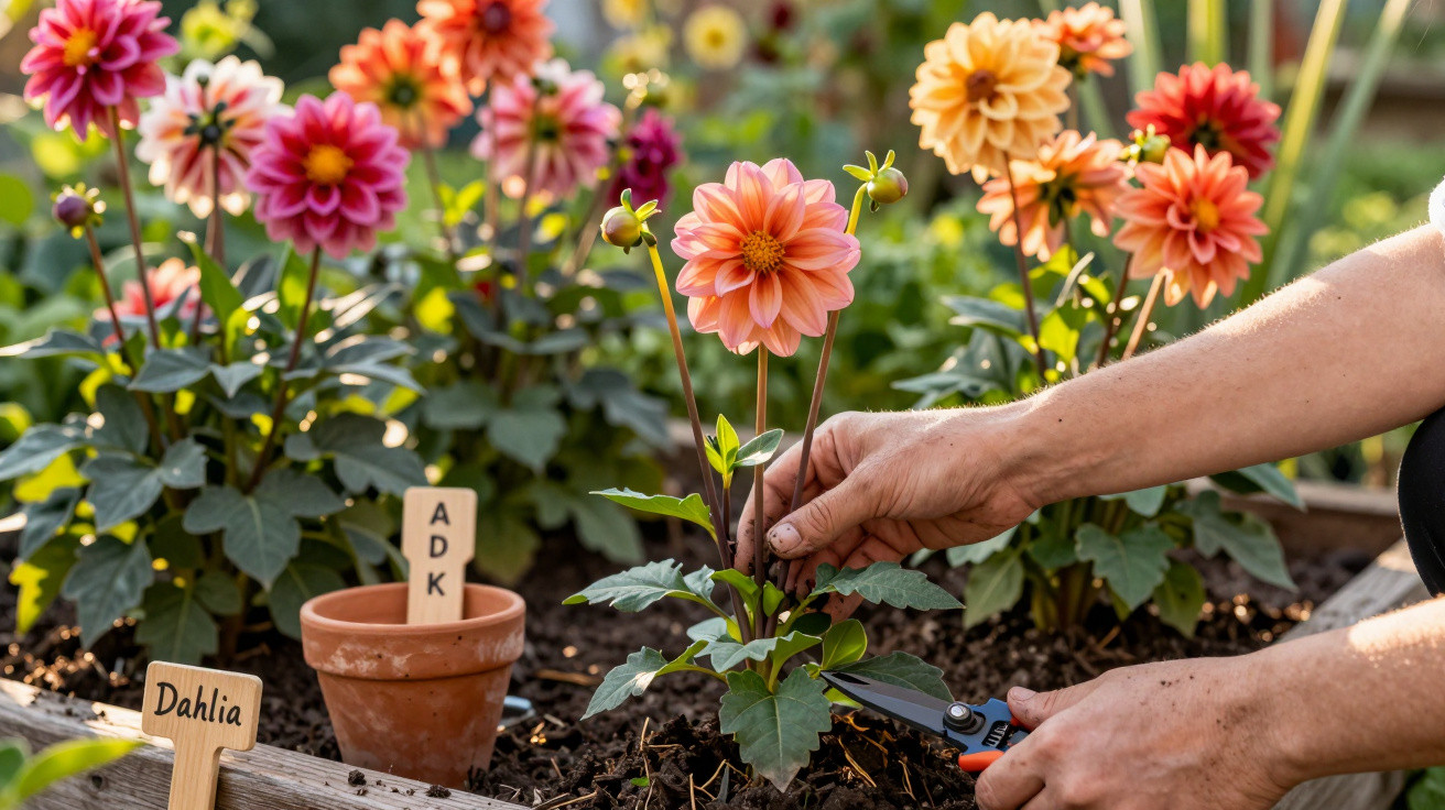 Pessoa cuidando de flor dália laranja em canteiro de jardim com várias outras dálias coloridas ao fundo.