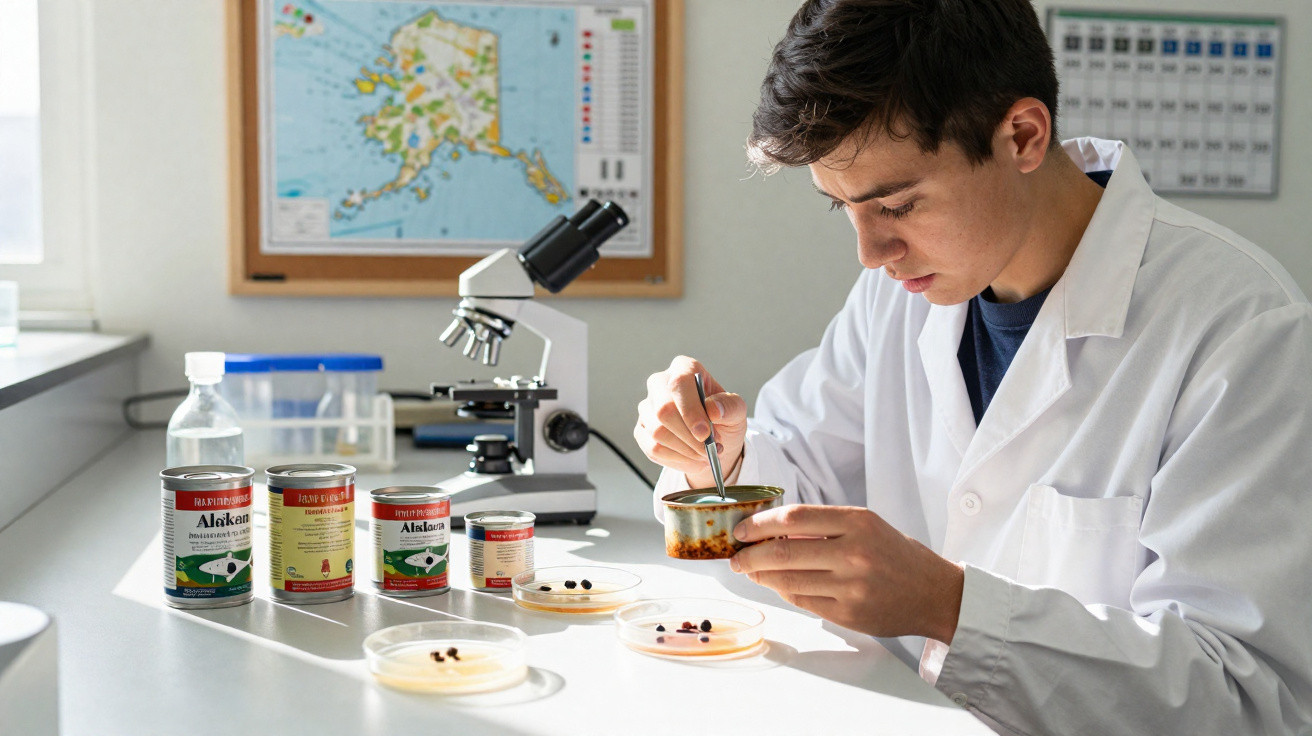 Jovem cientista em jaleco manipulando amostras em placas de Petri em laboratório com microscópio à mesa.