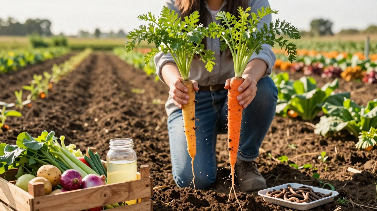 Pessoa ajoelhada em campo segurando duas cenouras colhidas, com caixa de vegetais ao lado.