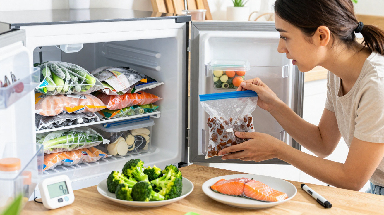 Mulher organizando alimentos congelados em freezer, com brócolis e salmão em prato na mesa.