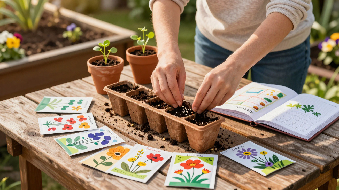Pessoa plantando sementes em bandeja de mudas com pacotes de sementes e livro aberto sobre jardinagem.