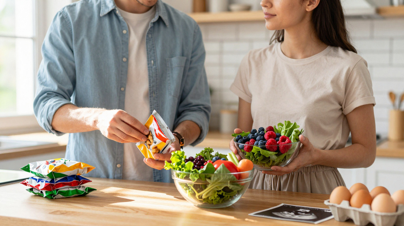 Casal preparando saladas com verduras e frutas frescas na bancada da cozinha iluminada.