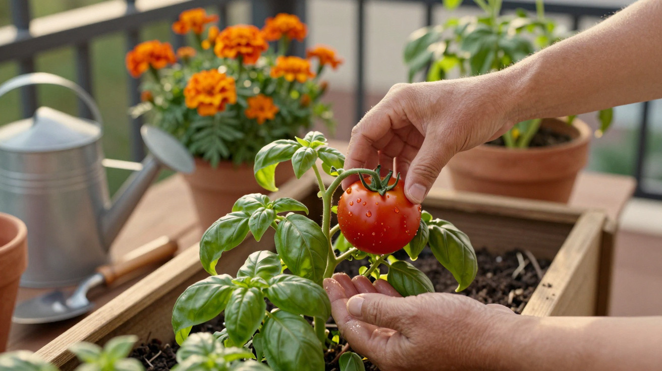 Mãos colhendo tomate maduro em vaso com plantas, regador e flores ao fundo em varanda.