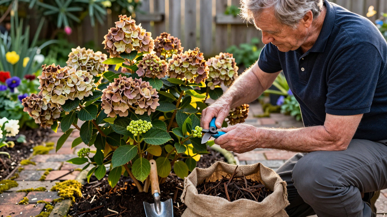 Homem idoso cuidando de plantas em jardim, podando flores com tesoura de jardim e saco de folhas secas.