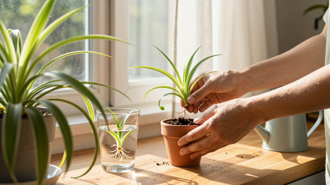 Mãos plantando muda de planta em vaso pequeno próximo a janela com outras plantas e copo com muda.