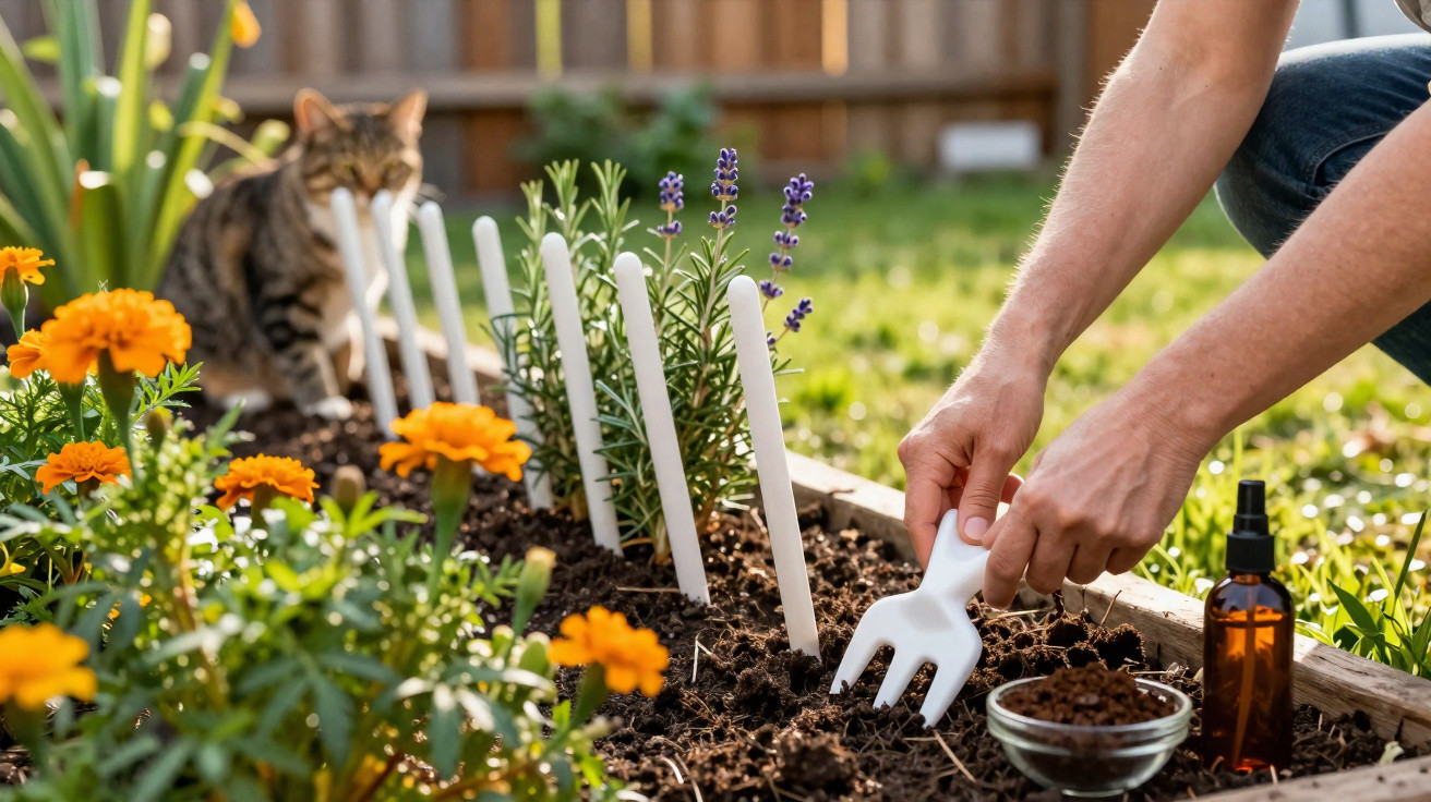 Pessoa preparando solo em jardim com flores amarelas e um gato ao fundo.